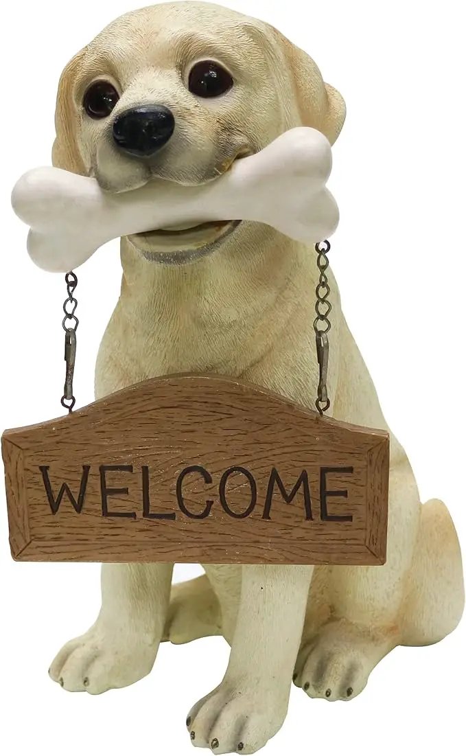 Nature's Mark Labrador Retriever Dog Puppy Statue with Reversible Welcome Sign and Go Away Sign Resin Garden Decor 12" H by GreenHaven Gardens