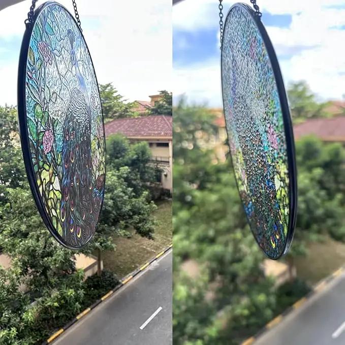 7.8'' Peacock Decor Suncatcher Stained Glass - Originally Designed Peacock Suncatchers for Sun Catchers Indoor Window | Gifts for Peacock Lovers Painted Glass Panel Decor Themed Gift by GreenHaven Gardens