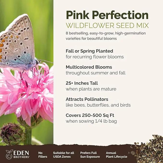 Eden Brothers Pink Perfection Flower Mixed Seeds for Planting, 1/4 lb, 120,000+ Seeds with Zinnia, Cosmos Versailles | Attracts Pollinators, Plant in Spring or Fall, Zones 3, 4, 5, 6, 7, 8, 9, 10 by GreenHaven Gardens