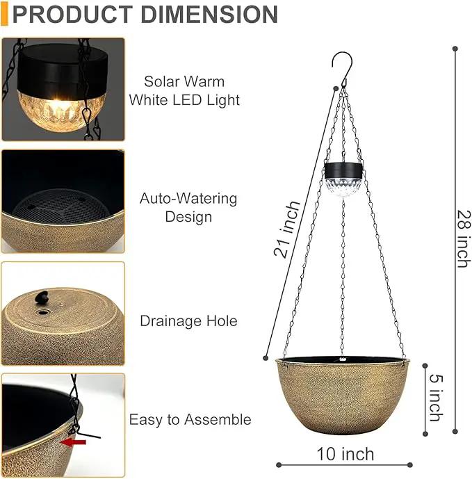 2 Packs Hanging Planters Basket for Outdoor Plants, Solar Powered Self Watering Copper Round Plastic Flower Pots with Drainer for Balcony Patio Garden Outdoor Decoration by GreenHaven Gardens