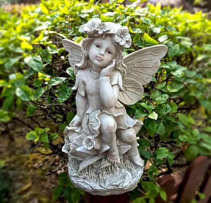 MeritMode 12.8" Fairy Garden Outdoor Guardian Angel Statue - Waterproof Resin with Flower Base, Unique for Patio, Balcony & Yard Decor by GreenHaven Gardens