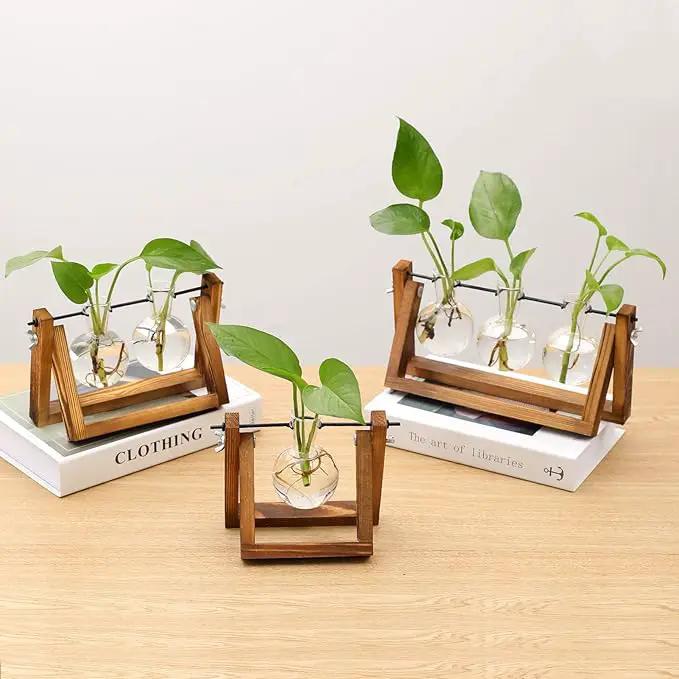 Kingbuy Desktop Glass Planter Iron and Wooden Stand Plant Terrariums for Indoor Office Desk Decor Accessories, 3 Bulb Vases, Brown by GreenHaven Gardens