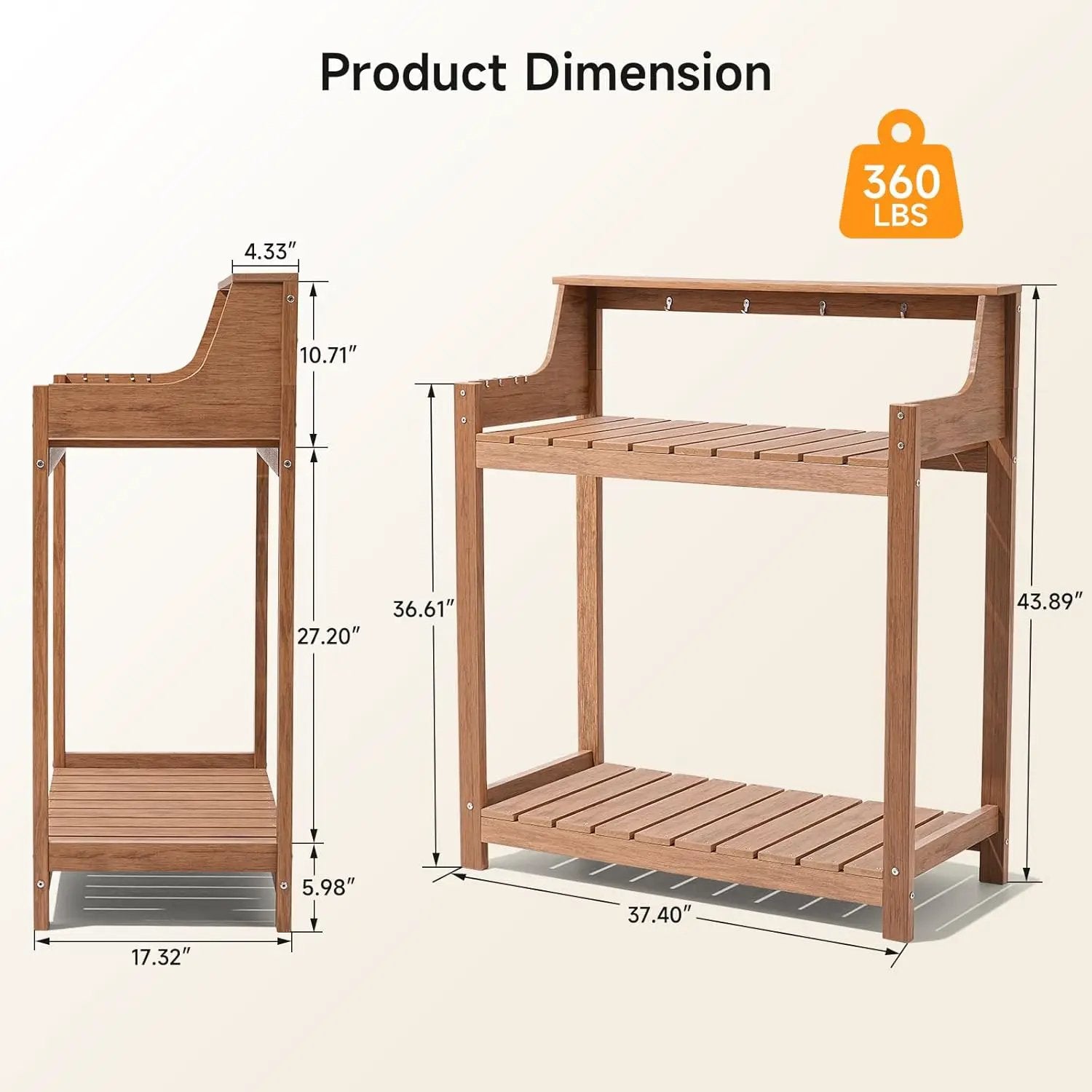 HDPS Potting Bench, All Weather Potting Table with 8 Hooks and Highten Tabletop, Easy Assembly Garden Work Bench, Outdoor Potting Benches for Outside Patio Lawn, 360LBS Capacity, Teak by GreenHaven Gardens