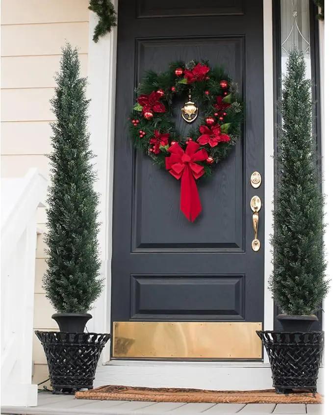 momoplant Artificial Topiary Cedar Tree Outdoor Uv Resistant, 5.5 Ft Faux Cypress Toparies Trees 67 Inch Fake Plant【2 Pack】 with Black Pot by GreenHaven Gardens