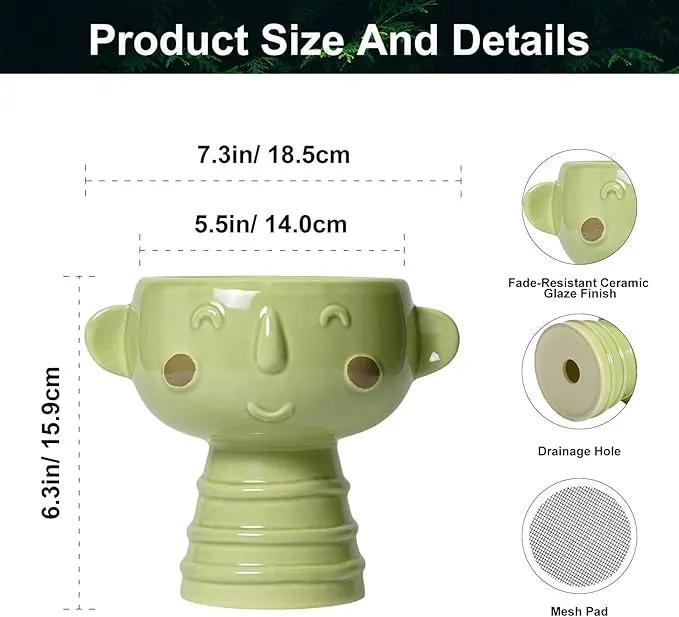 Face Planter Pots Head - 7 Inch Ceramic Succulent Plant Pots with Drainage Hole, Cute Head Planters for Indoor Outdoor Plants, Room Desk Office Decor, Plant Lover Gifts, Green by GreenHaven Gardens