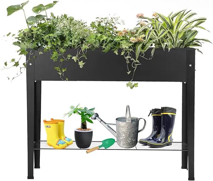Piksedo Raised Garden Bed, Elevated Planter Metal Plant Box with Legs Standing Garden Stand Drainage Holes Frosted Black by GreenHaven Gardens