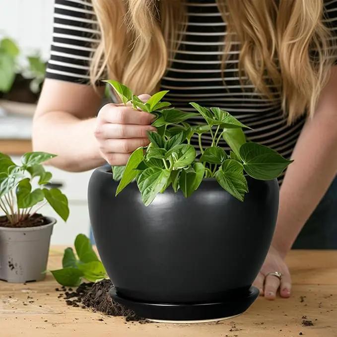 Ceramic Planter Pot - 8 Inch Plant Pot with Drainage Hole and Saucer Round Planter for Indoor Plants Modern Outdoor Flower Pot for House Balcony Black by GreenHaven Gardens