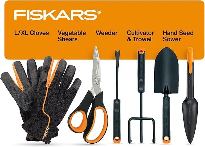 Fiskars Vegetable Garden Tool Set with Vegetable Shears, Seed Sower, Trowel, Cultivator, Weeder, and L/XL Garden Gloves for Indoor or Outdoor Gardening (6 Piece Kit), Gardening Gifts for Women by GreenHaven Gardens