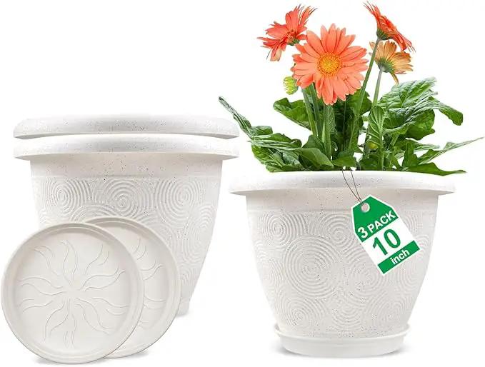 Plastic Flower Pots Planters for Indoor Plants, 3 Pack 10 Inch White Plant Pots with Drainage Hole & Tray, Modern Decorative Large Plant Pot with Saucer for Indoor Outdoor Plants Garden House Planter by GreenHaven Gardens