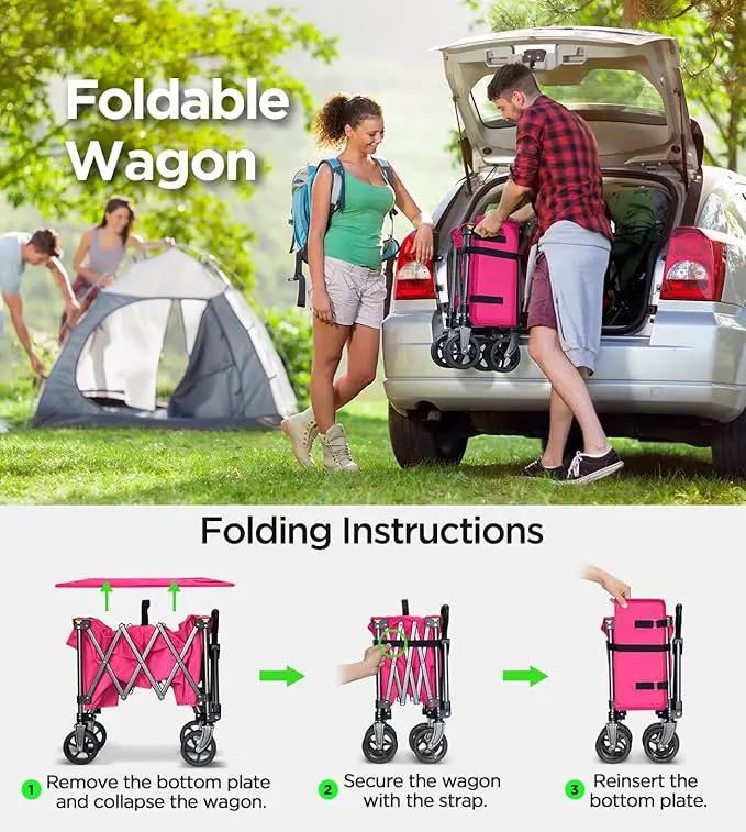 Beach Wagon,Collapsible-Wagon 220lbs with Big Wheels FoldableWagon Carts,Portable Utility for Garden Grocery Sports Camping All Terrain-Pink by GreenHaven Gardens
