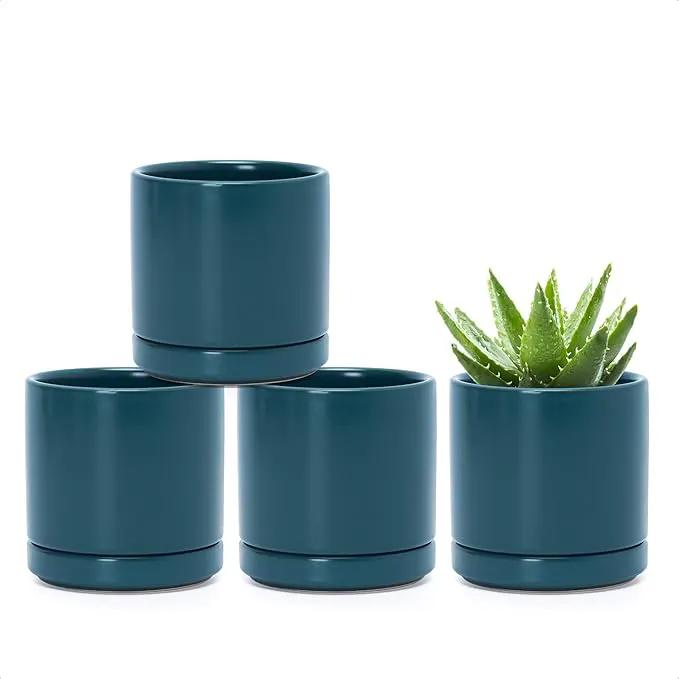 D'vine Dev Set of 4 Small Ceramic Plant Pots, 3.5 Inch Succulent Planter Pot for Plants with Drainage Hole and Saucer, Teal, 94-X-A-9 by GreenHaven Gardens