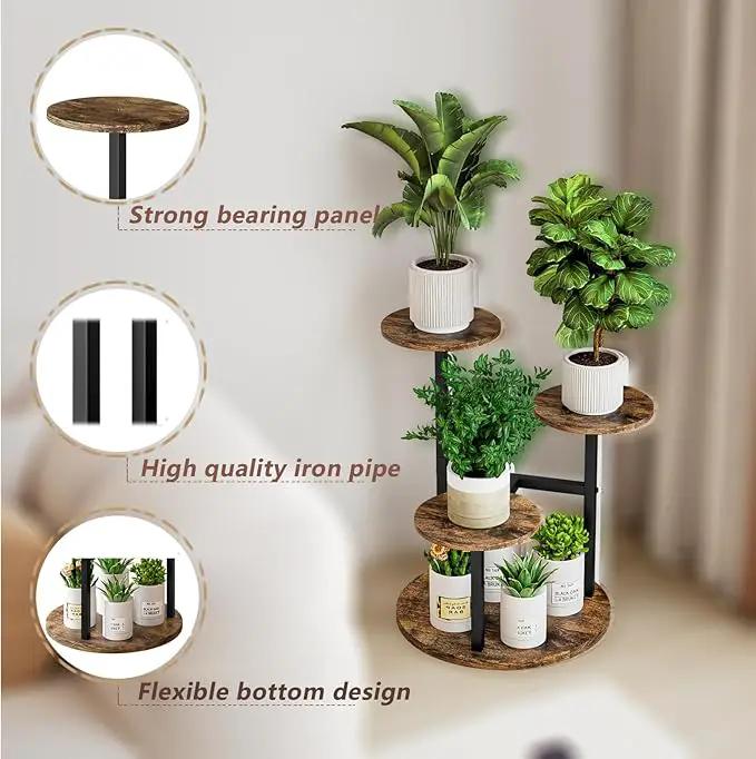 Plant Stand Indoor 4 Tier 5 Potted Multiple Flower Pot Holder for Patio Garden Balcony Living Room Corner (4 Tier Black+Rustic Brown) by GreenHaven Gardens