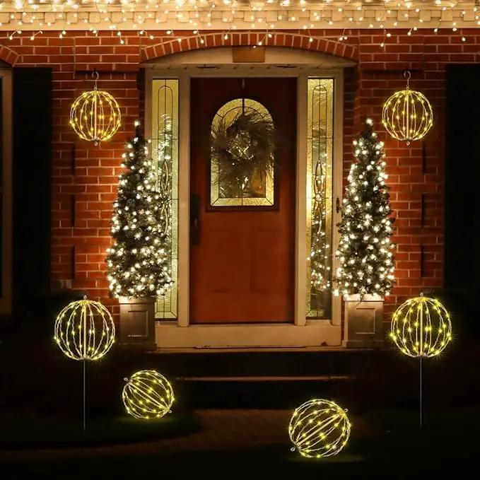 LIGHTSHARE 10IN 48LED Light Ball Yard Decoration Pathway Lights Sphere Light with Fold Flat Metal Frame Indoor Outdoor Waterproof Garden Lights, White Frame / Warm White Lights, 10 by GreenHaven Gardens