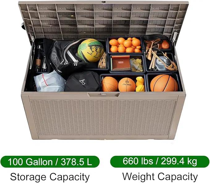 100 Gallon Outdoor Deck Box,Storage Lockable Waterproof Patio Furniture,Garden Tools,Cushions,Pool Accessories Outside Storage Resin Box(Grey) by GreenHaven Gardens