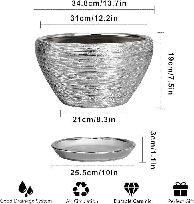 Flower Pot for Indoor Plants - Ceramic Planter 13 Inch Plant Pot with Drainage Hole and Saucer Large Decorative Planter Outdoor Mid-Century Planter for House Decor Silver by GreenHaven Gardens
