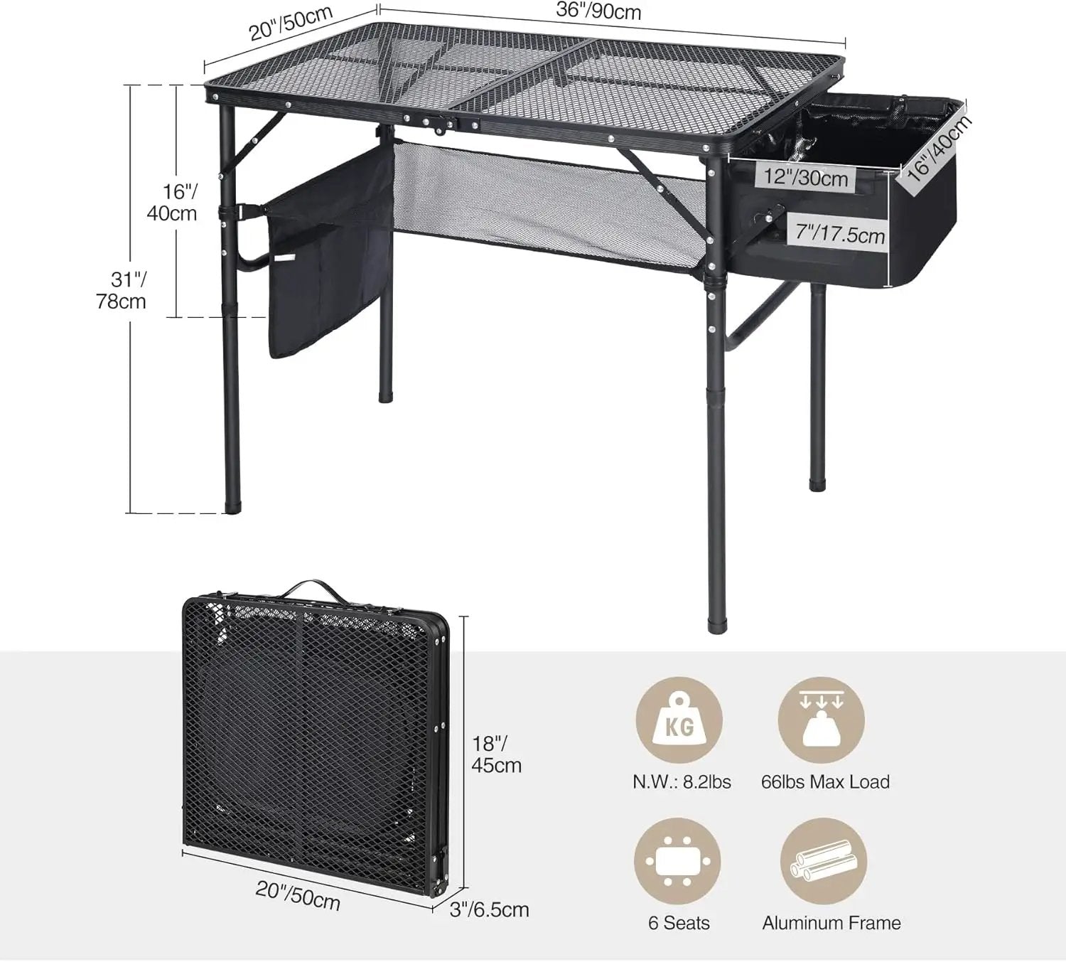 REDCAMP Folding Portable Grill Table with Sink for Outside, Lightweight Aluminum Metal Grill Stand Picnic Table for Camping Cooking BBQ RV Picnic, 2 Heights Adjustable,Black 36"x20" by GreenHaven Gardens