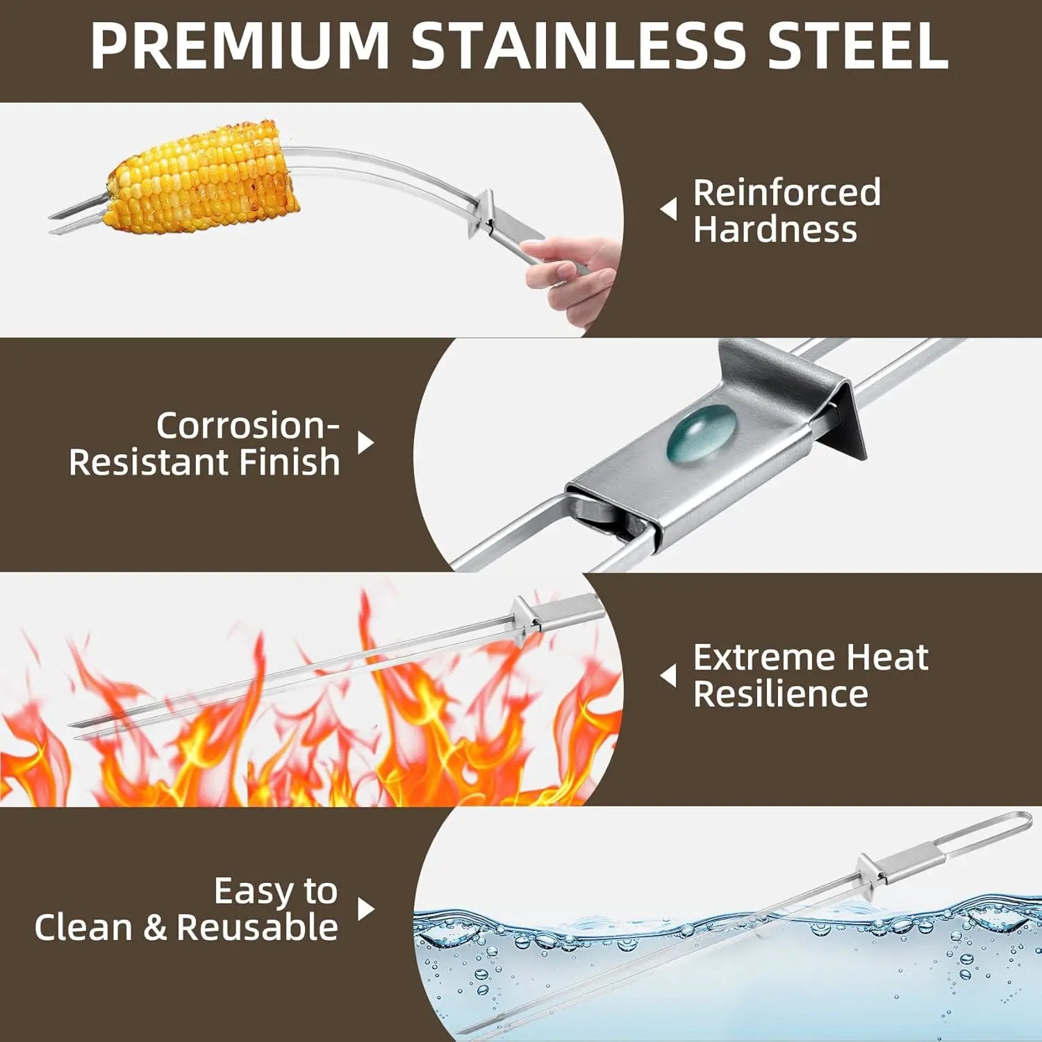 13inch 10(packs) Double Fork Flat Stainless Steel BBQ Skewers with Push Bar, Reusable Skewers for Grilling for Meat, Vegetable, BBQ Accessories by GreenHaven Gardens