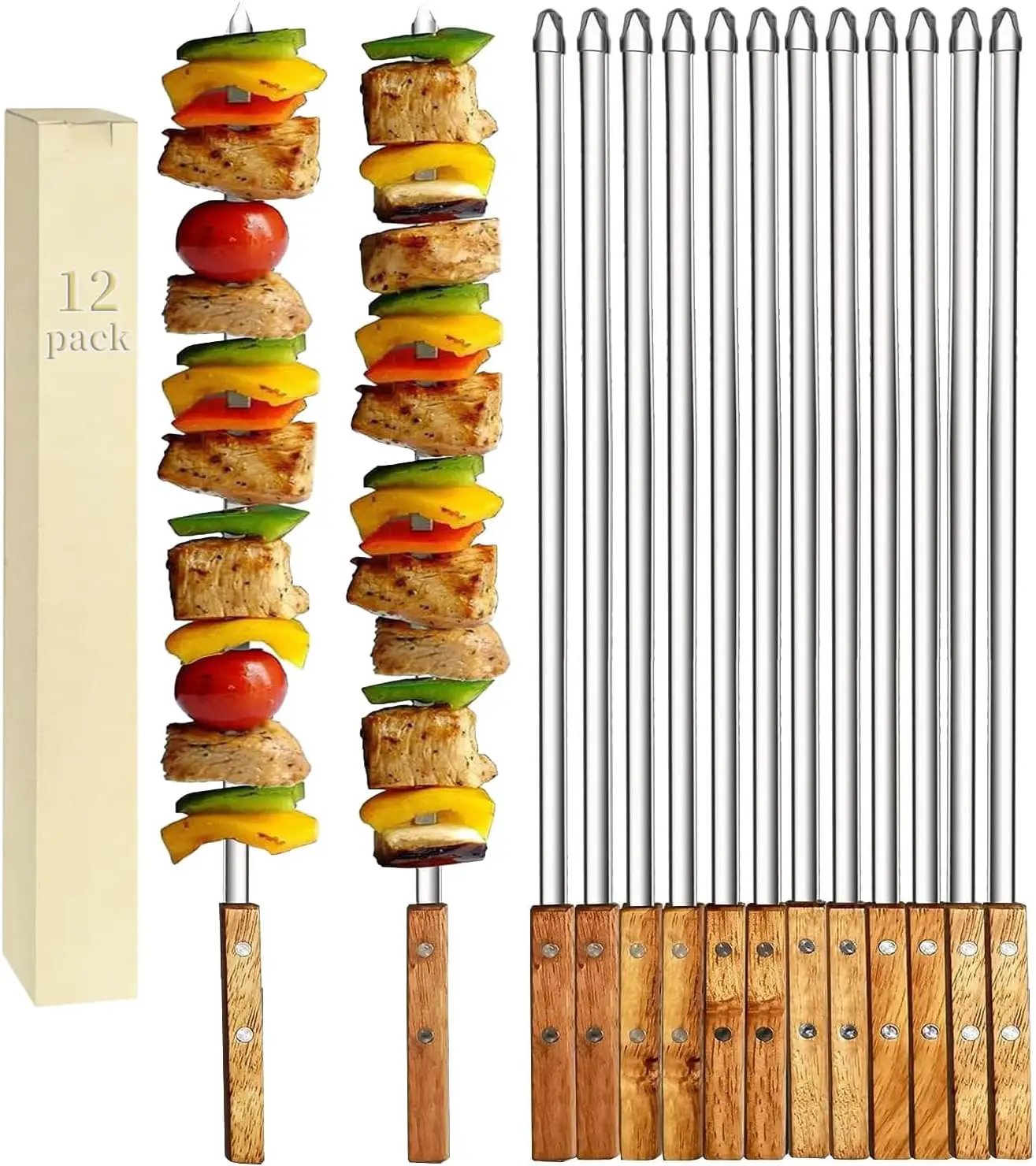 12 Pack Kebab Skewers 22 Inch Stainless Steel Grilling BBQ Skewer Reusable Barbecue Skewers Flat Stick with Wood Handle,Ideal for Koubideh Brazilian Chicken Shrimp Turkish Shish Kabob by GreenHaven Gardens