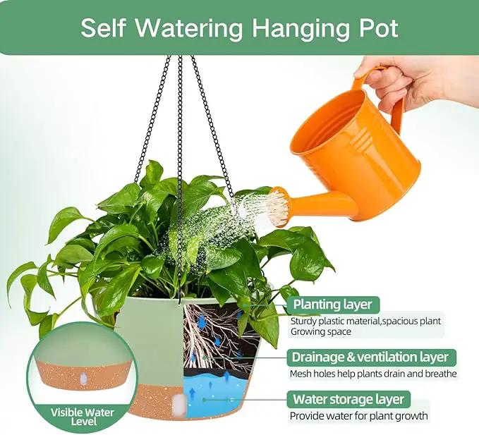 QCQHDU 2 Pack 8 inch Hanging Planters for Indoor Plants, Outdoor Hanging Baskets, Self Watering Pots with Drainage Holes & Removable Tray (Green, 8 inch) by GreenHaven Gardens