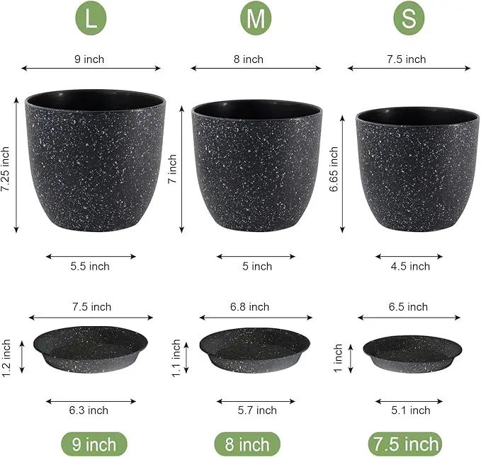 9/8/7.5 inch Plant Pots, Set of 3 Modern Decorative Plastic Planters with Drainage Holes and Saucer for Garden House Plants, Flower Pots for Indoor Outdoor Plants, Speckled Black by GreenHaven Gardens