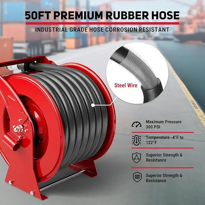 Fuel Hose Reel 1" x 50FT Extra Long Retractable Diesel Reel 300 PSI Auto Swivel Rewind Diesel Hose Reel with Fueling Nozzle Industrial Carbon Steel for Vehicle Tank Truck Trailer Ship, Red by GreenHaven Gardens
