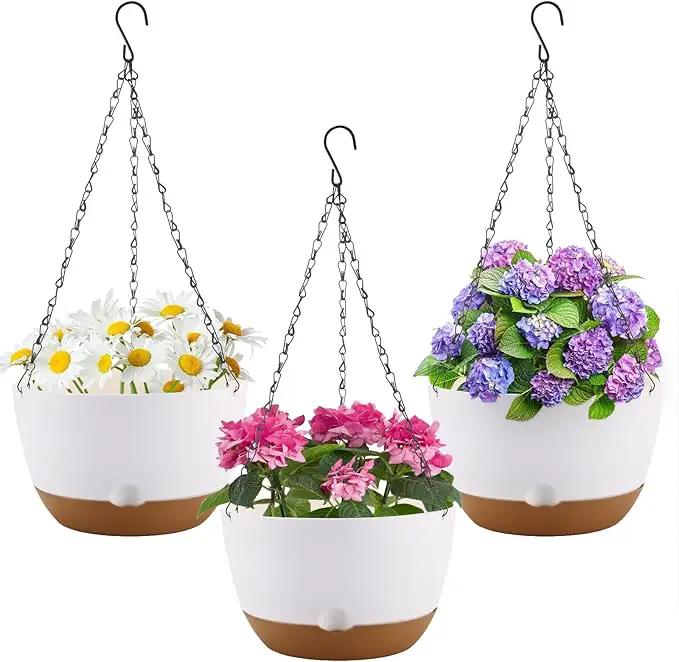 8.3 Inch Hanging Planter, 3 Pack Hanging Plastic Plant Self Watering Pot with Drainage Holes and Saucers, Hanging Baskets Flower Pots for Indoor Outdoor Garden Plants and Flowers-White by GreenHaven Gardens