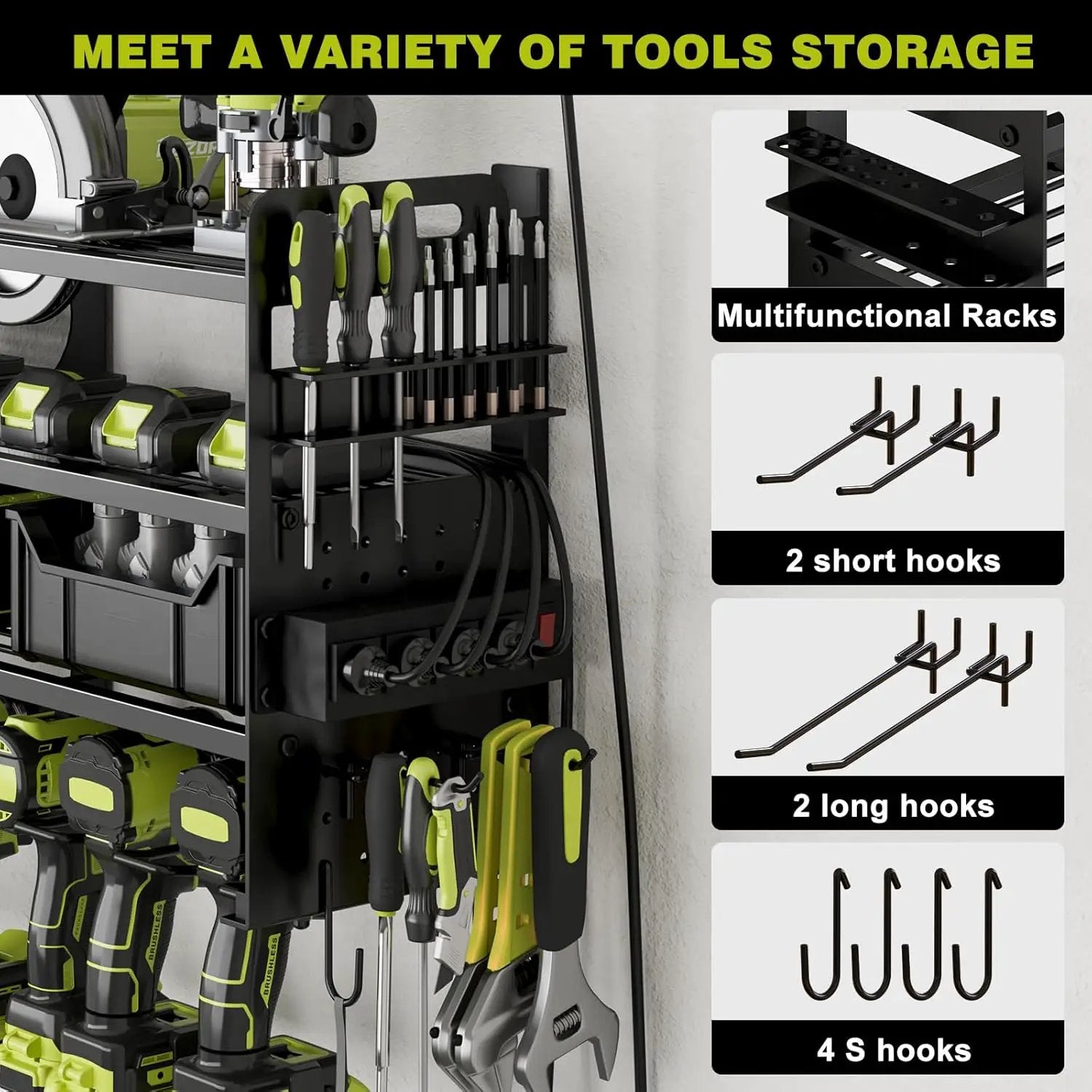 12 Cordless Drill Holder Large Power Tool Organizer Wall Mount with Side Pegboard & Screwdriver Holder, 4-Tier Heavy Duty Metal Tool Storage Rack with 4-Outlet Power Strip by GreenHaven Gardens