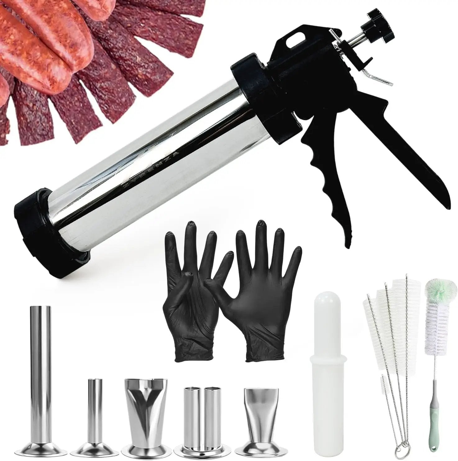 Professional Jerky Gun Kit – Stainless Steel Beef Meat Maker Machine with 5 Nozzles, 1 Meat Pusher, 5 Cleaning Brushes (2 Sets), Sausage Shooter Accessories & Bonus Pair of Gloves by GreenHaven Gardens