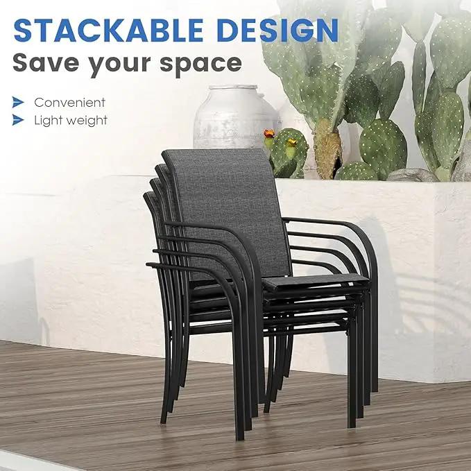 VICLLAX 5 Pieces Patio Dining Set for 4, Outdoor Furniture Set Includes 40.7" Round Patio Table and 4 Patio Stackable Chairs, Grey Tabletop and Grey Fabric by GreenHaven Gardens
