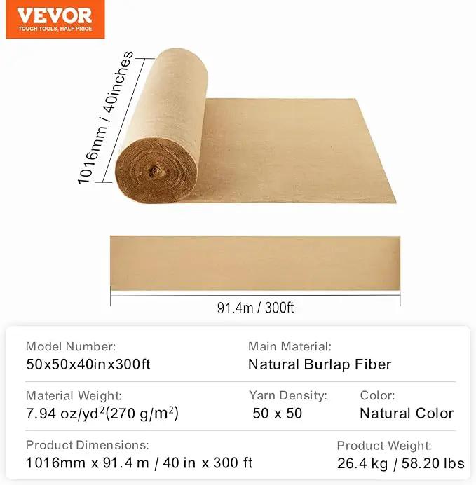 VEVOR Burlap Fabric Roll, 40” x 300 ft High Density Natural Jute Fiber Material for Outdoor Plant Care, Tree Wrap Roll, Decor, DIY Crafts, Wedding, Garden Weed Barrier, Plants & Trees Winter Covering by GreenHaven Gardens