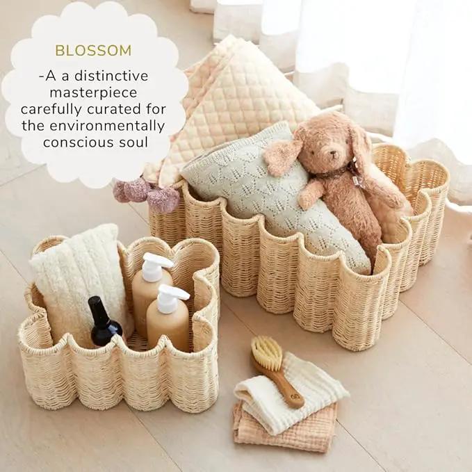 BEBE BASK Unique Wavy Scalloped Basket Set Of 2 - Scallop Basket - 16 x 10 x 7 In - Hand-Woven Elegant Wicker With Scalloped Edge Lid - Nursery Storage - (Earthy) by GreenHaven Gardens