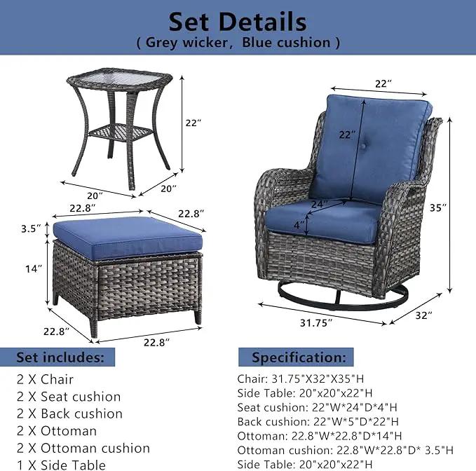 5 Pieces Patio Furniture Sets Wicker Outdoor Furniture, Rattan Patio Swivel Glider Chairs with 2 Ottoman and Glass Side Table by GreenHaven Gardens