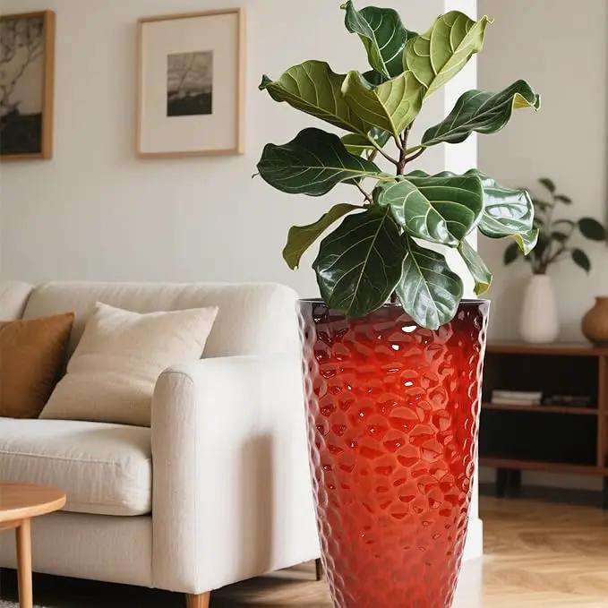 Worth Garden 14" Dia x 24" H Large Plastic Planters with Drainage Hole, Set of 2 Hammered Texture Red Glossy Smooth Finish, Tall Taper Round Decorative Flower Plant Pot for Indoor Outdoor, Front Porch by GreenHaven Gardens