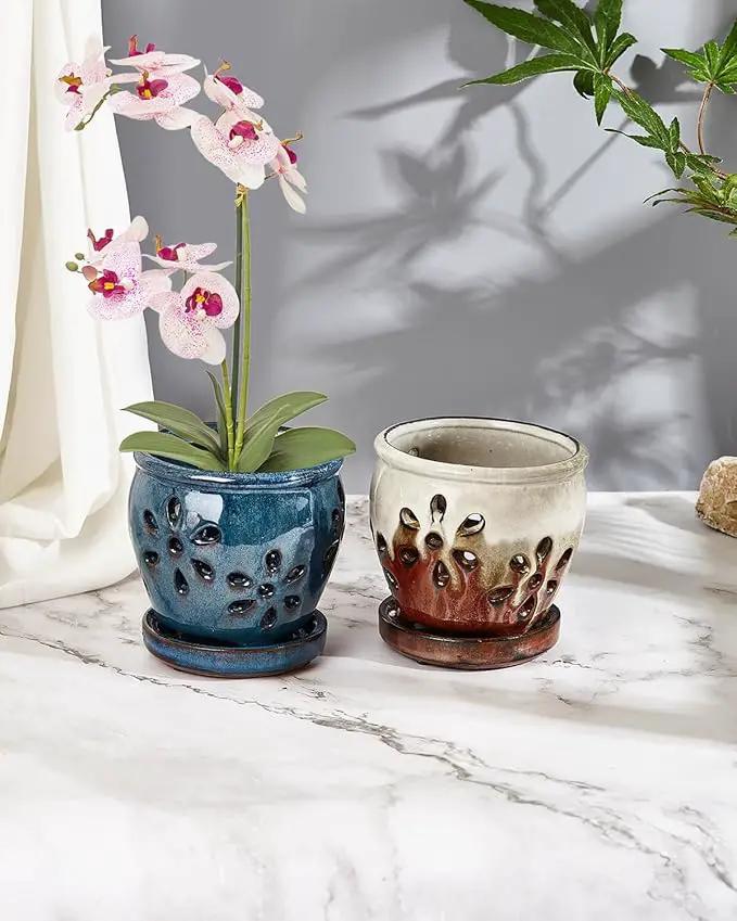 vensovo 4 Inch Ceramic Orchid Pots with Holes and Saucers - 2 Pcs Small Succulent Pot for Repotting, Garden Flowerpots for Plants Indoor and Outdoor Promotes Air Circulation (Blue, Brown Mixed) by GreenHaven Gardens