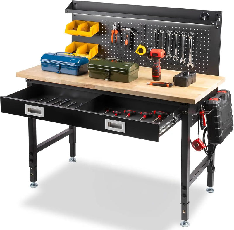 48" Workbench with Drawers, Work Benches for Garage with Strip Light, Adjustable Work Table with Large Pegboard, 2000 LBS Heavy Duty Table with Power Outlet Rubber Wood for Garage, Office by GreenHaven Gardens
