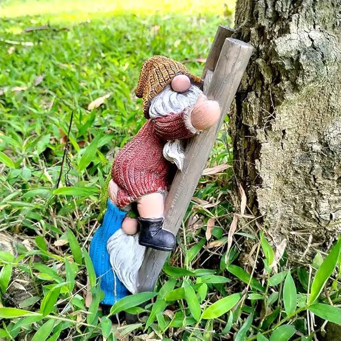 Garden Gnome Statue, Funny Climbing Ladder Gnomes Figurine Resin Sculpture Outdoor Decor for Patio Yard Lawn Porch Ornaments Gift by GreenHaven Gardens