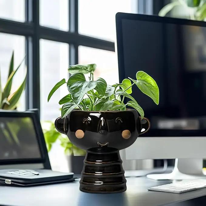 Face Planter - 7 Inch Ceramic Head Planters for Indoor Plants Outdoor, Cute Succulent Pots with Drainage Hole, Decorative Plant Pot, Home Office Room Decor, Black by GreenHaven Gardens