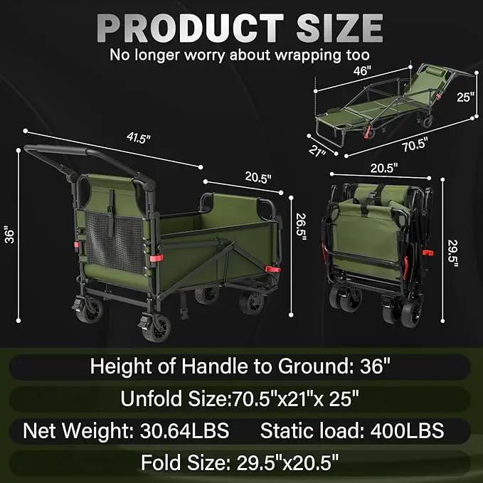 LEVELEVE Heavy Duty Folding Wagon - 2-in-1 Collapsible Cart, 400lb Capacity, All-Terrain Wheels w/Brakes & Side Pockets (Army Green) by GreenHaven Gardens
