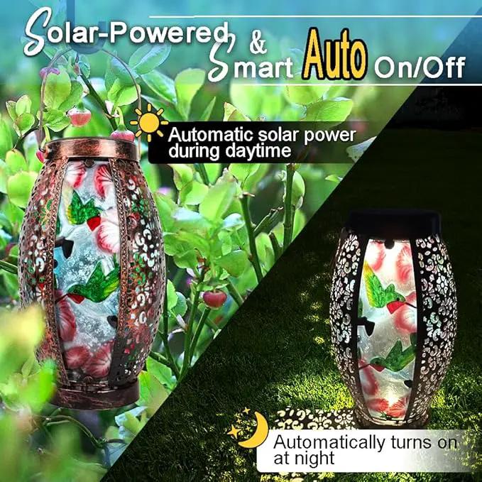 Hummingbird Solar Lanterns Glass & Metal Hanging Lantern Outdoor Waterproof 16" H Tabletop Light with Hollowed-Out Design for Garden Patio Table Decor Mother's Day Gift by GreenHaven Gardens