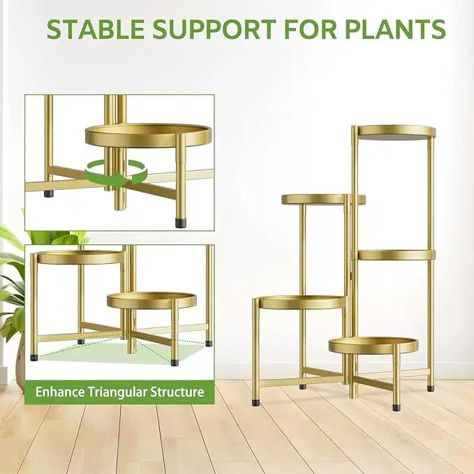 iDavosic.ly 5 Tier Large Plant Stand Indoor, 10 Inch Wide Tall Corner Metal Plant Stands Outdoor for Multiple Plants, Folding Tiered Flower Display Holder Rack Shelf, Gold by GreenHaven Gardens