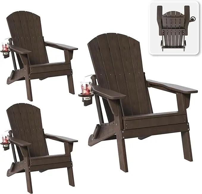 Folding Adirondack Chair Set of 3 with Cup Holder, HDPE All Weather Resistant Plastic Outdoor Patio Chairs, Heavy Duty Fire Pit Seating for Backyard Lawn Garden, Wooden Textured Design(Coffee) by GreenHaven Gardens