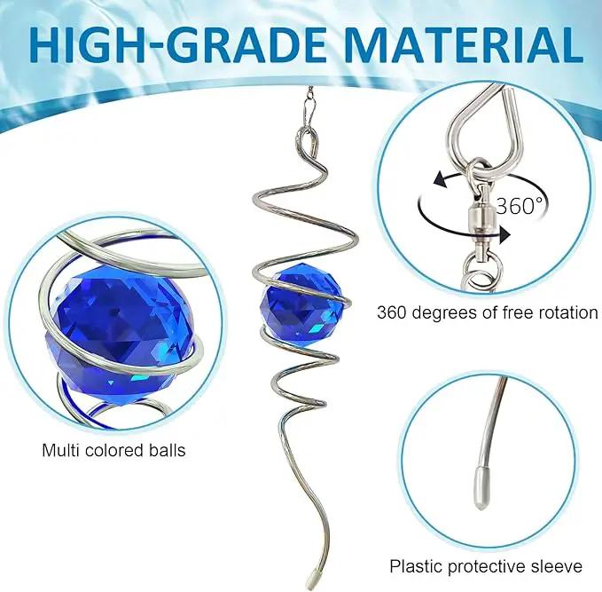 Gazing Ball Spiral Tail Wind Spinner with Sea Blue Crystal Orb, Wind Spinners Stabilizer with Hanging Swivel Hook, Sun Catcher Rainbow Maker Indoor & Outdoor Decoration Garden Gift 13" Height by GreenHaven Gardens