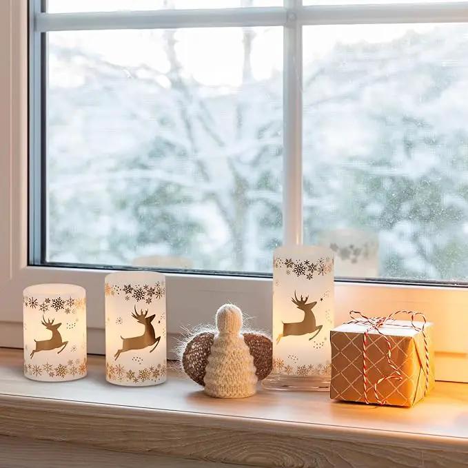 KunSween Christmas Flameless Candles with 6H Timer, 3 Pack LED Flickering Candles with Gold Deer Decals and Real Wax, Christmas Winter Decorations for Home Indoor Table Centerpieces by GreenHaven Gardens