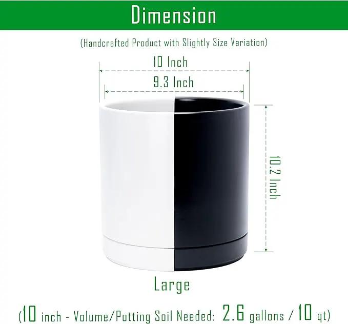 D'vine Dev 10 Inch Ceramic Planter Pot with Drainage Hole and Saucer, Indoor Cylinder Round Planter Pot, Split Monochrome Black & White, 94-O-E-0 by GreenHaven Gardens
