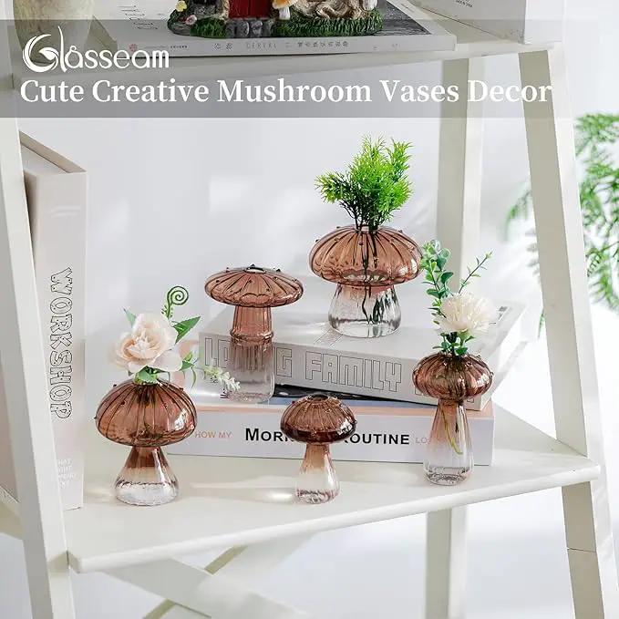 Glasseam Mushroom Plant Propagation Stations: Amber Glass Terrarium Jar Set of 10 Cute Planters for Indoor Plants Mini Propagate Station Unique Christmas Birthday Gifts for Women Home Office Decor by GreenHaven Gardens
