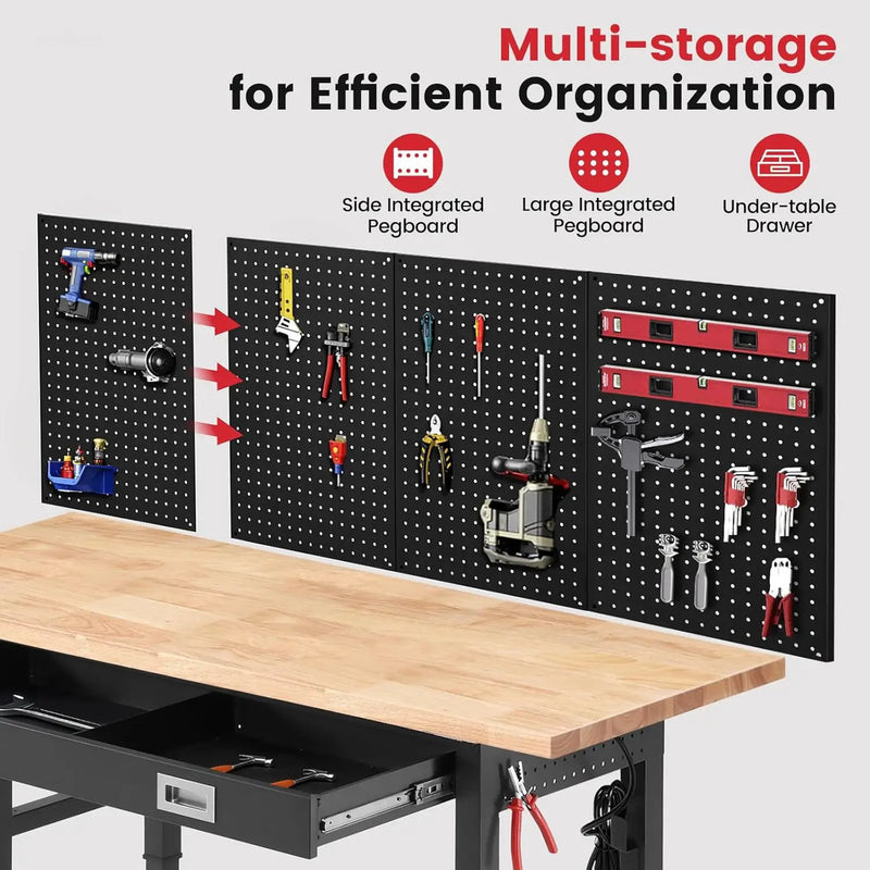 Work Bench for Garage with Drawers 60 x 22 Inch Heavy Duty Rubberwood Tabletop Work Table with Pegboard, Power Outlets Adjustable Workbench for Woodworking Shop, Home, Office, Electronic by GreenHaven Gardens
