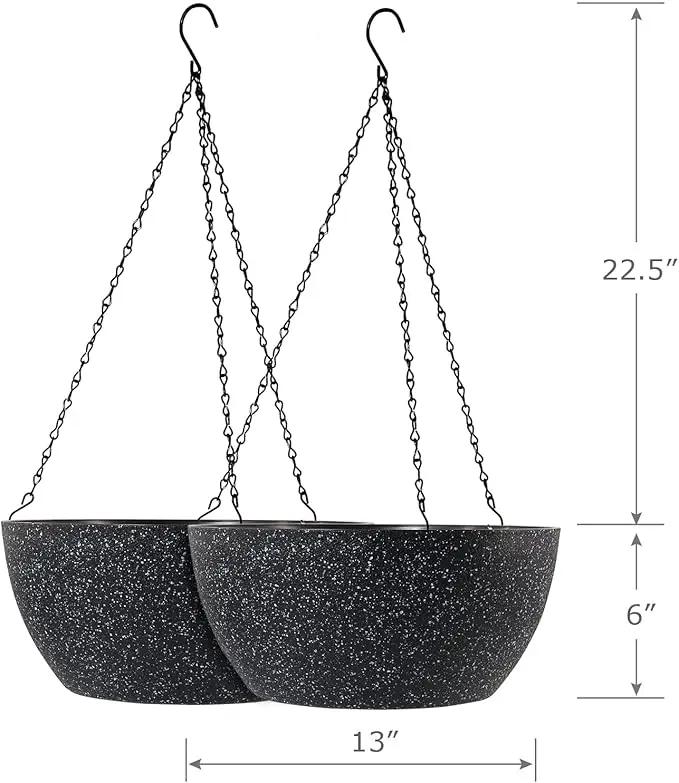 13 inch Large Hanging Planters Plant Pots for Outdoor Indoor Plants with Drainage Holes and Chain, 2 Pack Round Hanging Flower Pots for Garden Home Porch Decor, Speckled Black by GreenHaven Gardens