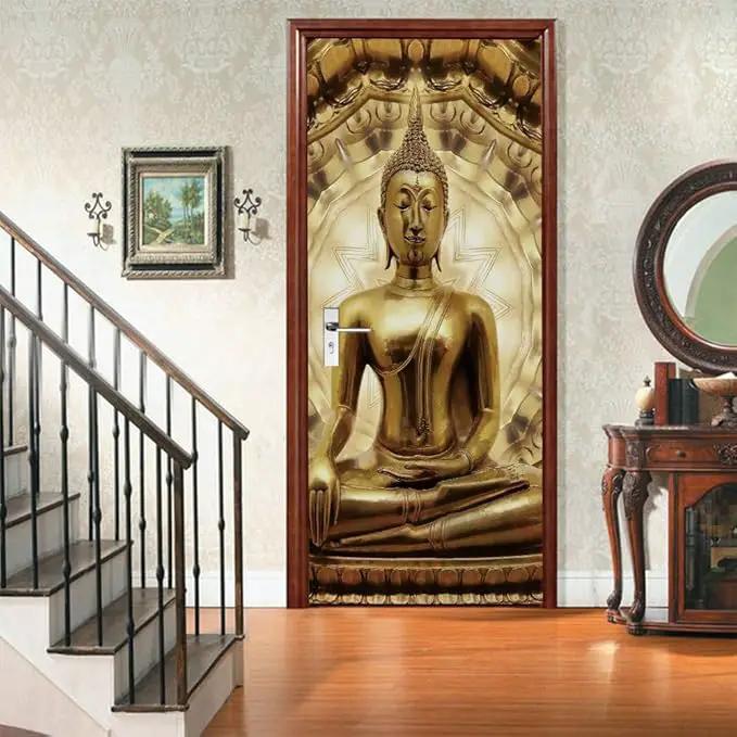 3D Buddha Statue Door Stickers - Peel and Stick Murals, Self-Adhesive Wallpaper Decals, Removable PVC Waterproof Poster for Bedroom Living Room 34.6" x 78.7" by GreenHaven Gardens