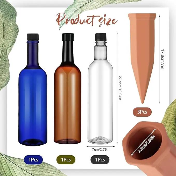 3 Sets Plant Watering Devices Include Terracotta Self Watering Spikes and 26 oz Plastic Bottles, Slow Release Vacation Insert Automatic Plant Waterer Device (Blue Clear Brown and Terracotta) by GreenHaven Gardens
