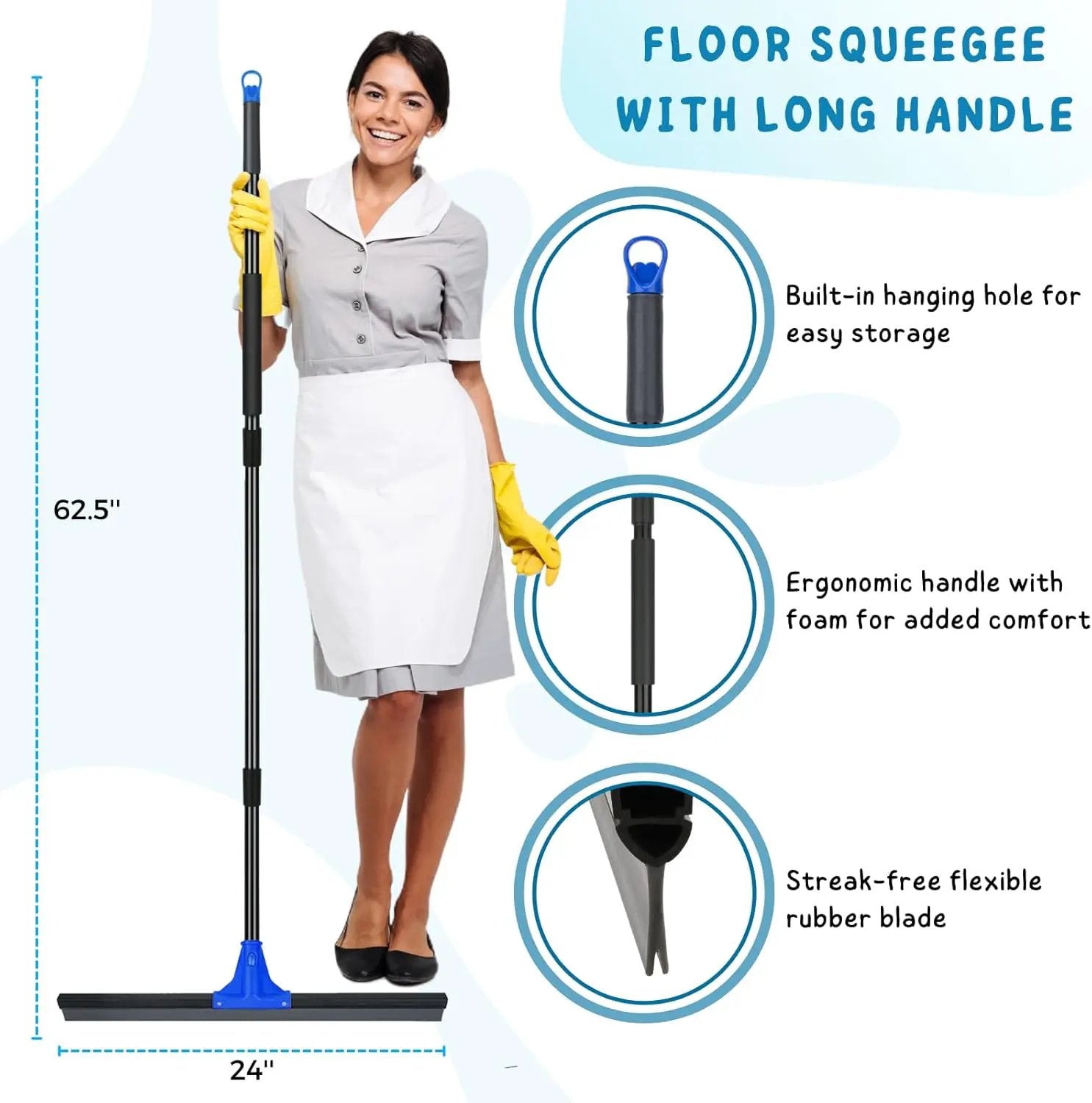Floor Squeegee for Concrete and Tile Cleaning, 24'' Rubber Wiper Broom, Large Heavy Duty Water Scraper with 60'' Long Handle for Garage, Deck, Bathroom, Shower Glass, Window by GreenHaven Gardens